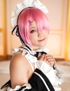 Japanese maid Aya Komatsu with pink hair sucks cock and facial