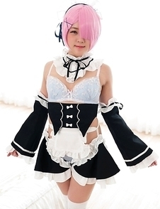 Japanese girl Aya Komatsu with pink hair in maid costume shows her shaved pussy closeup