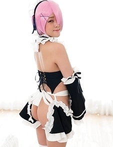 Japanese girl Aya Komatsu with pink hair in maid costume shows her shaved pussy closeup