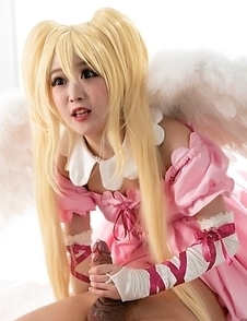 Hot japanese girl Ria Kurumi in pink doll costume sits on her boyfriend's face