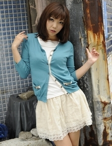 Juri Kitahara in blue sweater and lace skirt