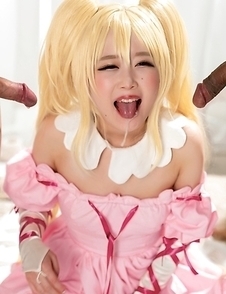 Japanese doll Ria Kurumi sucks two cocks and gets cum in her mouth