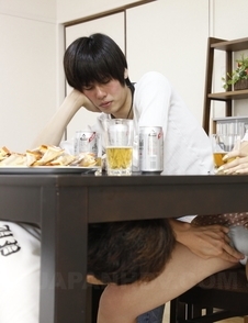 Hot Hitomi Okubo has pussy rubbed under table