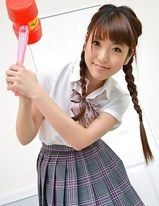 Mizuho Shiraishi with uniform and pigtails plays like child