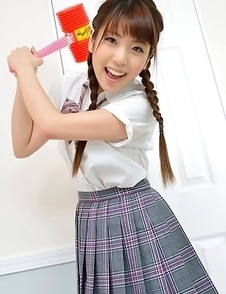 Mizuho Shiraishi with uniform and pigtails plays like child