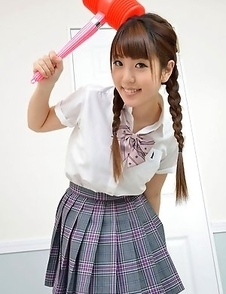 Mizuho Shiraishi with uniform and pigtails plays like child