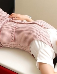 Maria Akamine in office outfit sits with ass up in the air