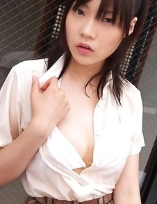 Airi Sakuragi unbottoms shirt and shows chest in white bra